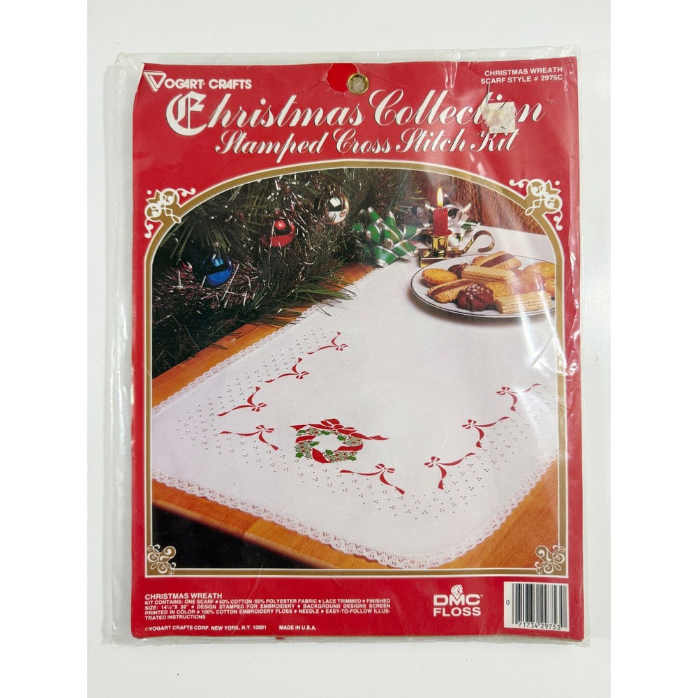 Vogart Crafts Cross Stitch Kit Unisex 14.5x39 White Christmas Wreath Scarf 2975C